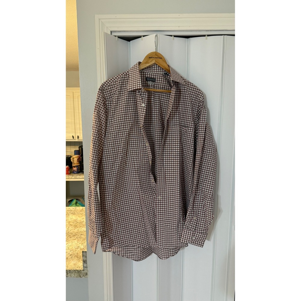 Van Heusen Mens Regular Fit Wrinkle Free Gingham Button Down Shirt Maroon Grey M